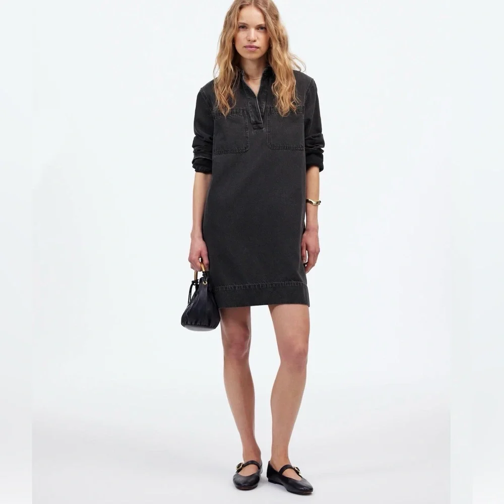 Madewell NWT Popover Mini Dress: Airy Denim Edition Faded Black Medium - Picture 1 of 7